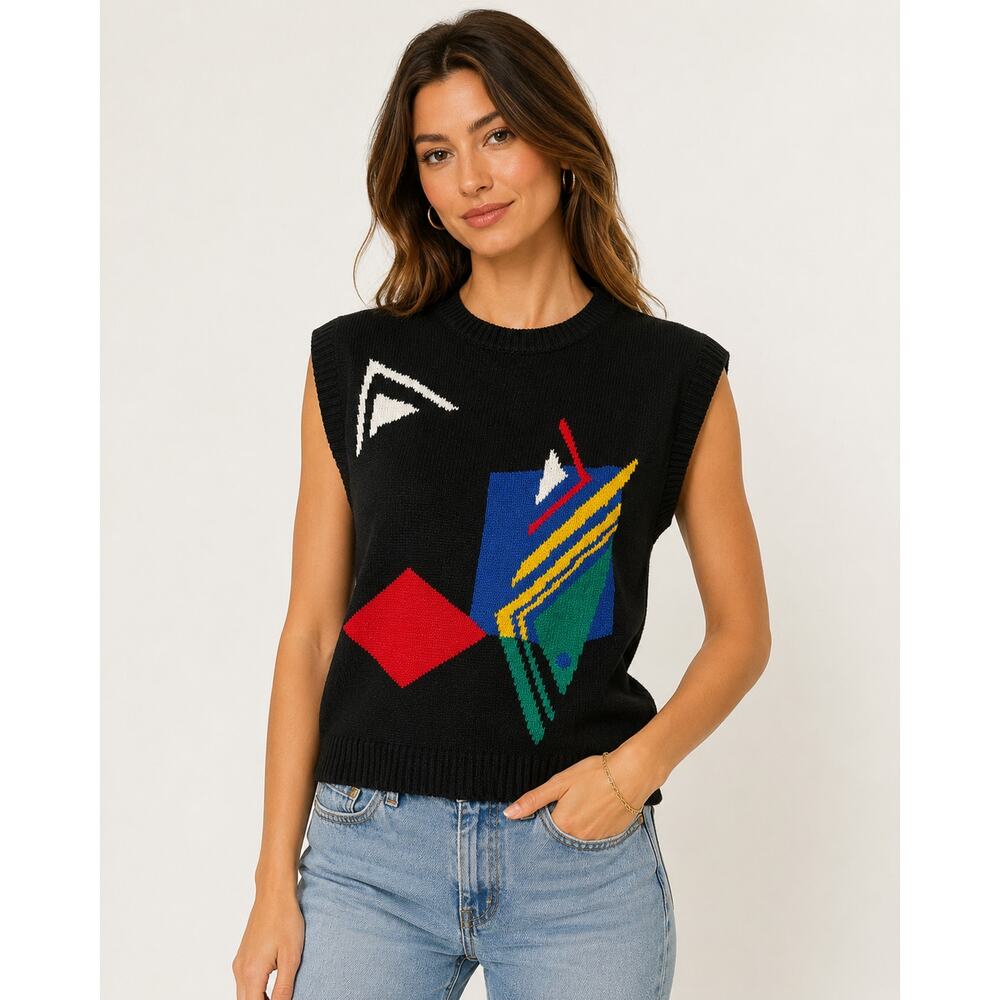 Vintage Riki for Crazy Horse Ramie Cotton Geometric Sweater Vest Art Knit Top